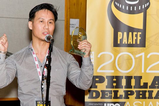 Photo of BD Wong speaking with his Acting Excellence Award at PAAFF 2012