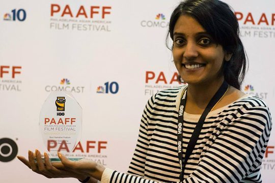 Photo of Meera Menon with her Best Narrative Feature award trophy for Farah Goes Bang - Photo by Nicholas Koenig